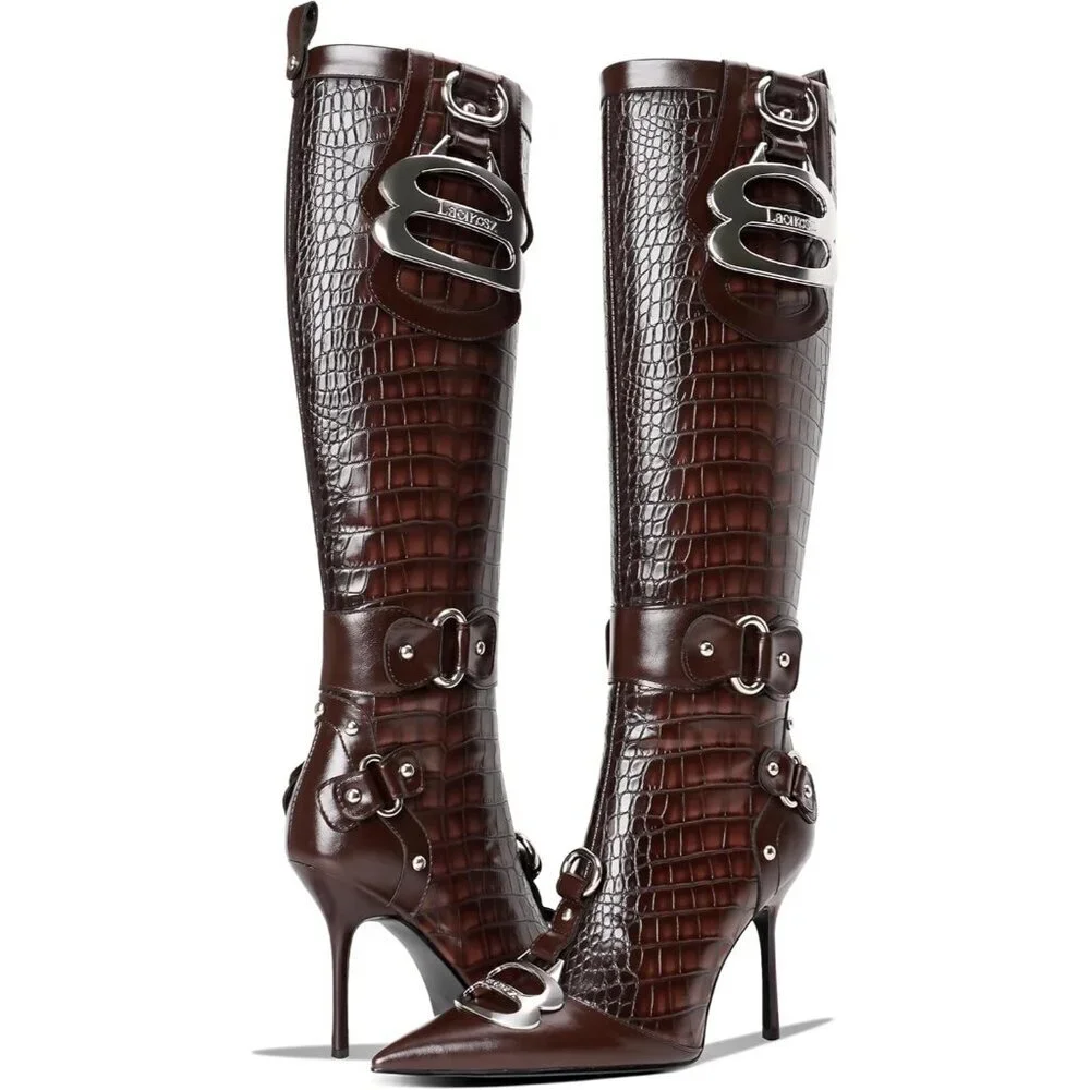 Women's Brown Pointed Toe Slim Calf Sexy Stiletto High Heel Long Tall Boots